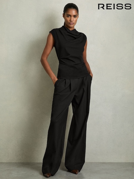 Reiss Black Cobi Draped Jersey-Twill Sleeveless Top (AL6686) | £128