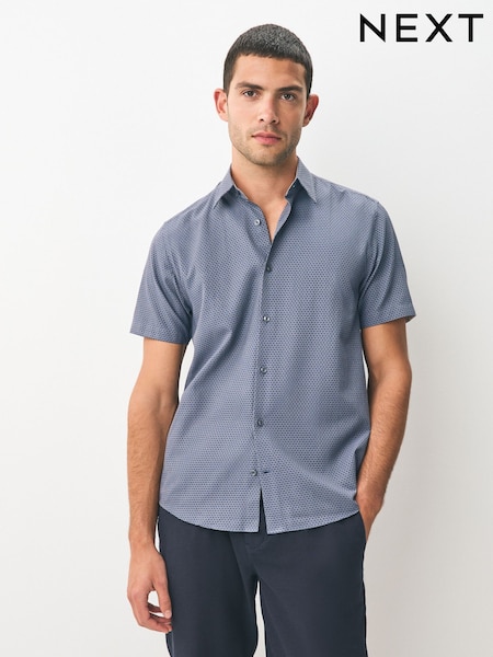 Navy Regular Fit Textured Short Sleeve Smart Shirt (AL6713) | £35