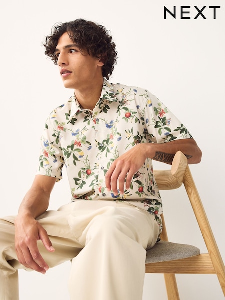Ecru White Regular Fit Kew Collection 100% Cotton Floral Short Sleeve Shirt (AL6726) | £40