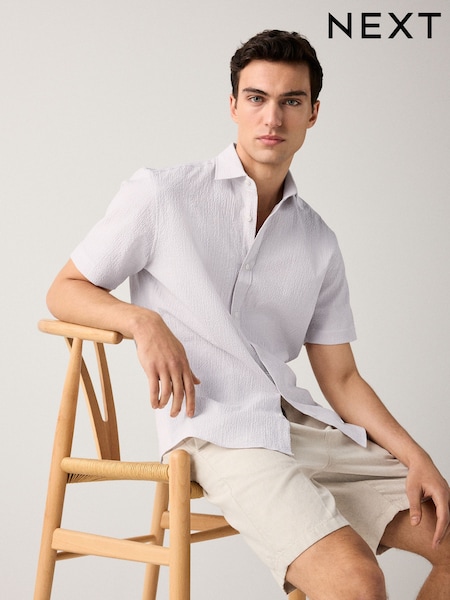 Neutral Brown Regular Fit Short Sleeve Seersucker Shirt (AL6728) | £32