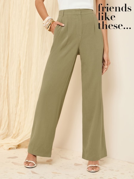 Friends Like These Khaki Green Wide Leg Tailored Trousers With Linen (AL6804) | £36