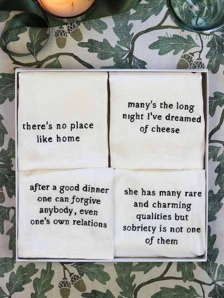Avalon Home Set of 4 White Literary Collection Napkins 100% Cotton Gift Box (AL6857) | £58