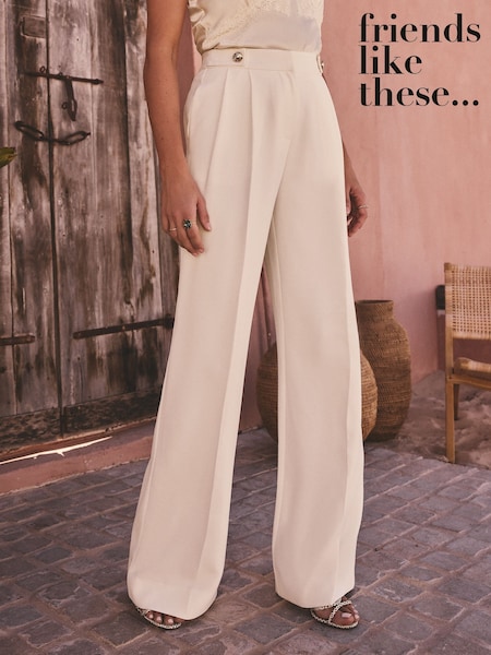 Friends Like These Ivory Millie Mackintosh Premium Wide Leg Trousers With Gold Button Tab Details (AL6861) | £45