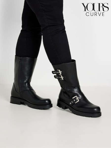 Yours Curve Black Extra Wide Fit 3 Strap Calf Biker Boots (AL6890) | £60