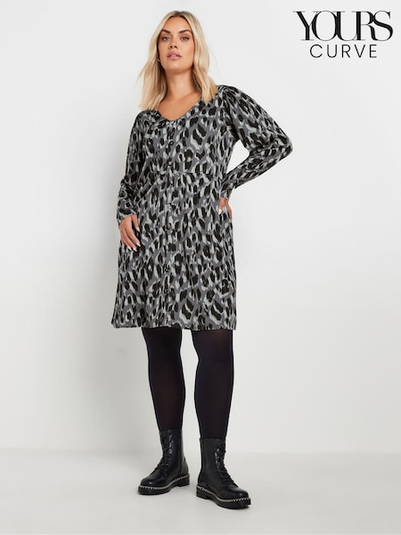 Yours Curve Grey Leopard Print Shirred Panel Tea Dress (AL6916) | £34