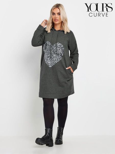 Yours Curve Grey Heart Embellished Hoodie Dress (AL6932) | £34