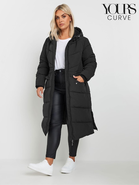 Yours Curve Black Borg Hooded Midi Padded Coat (AL6948) | £81