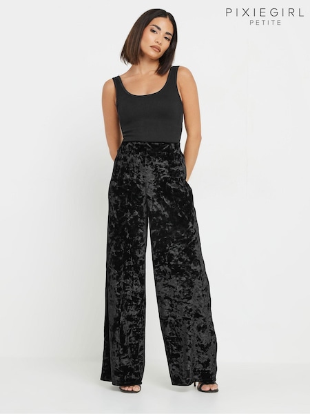 PixieGirl Petite Black Crushed Velour Wide Leg Trousers (AL7026) | £34