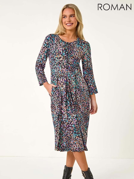 Roman Black Petite Animal Print Button Stretch Midi Dress (AL7063) | £45