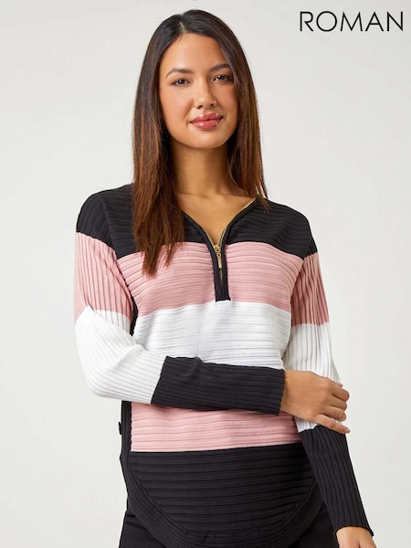 Roman Pink Cotton Blend Stripe Zip Knit Jumper (AL7071) | £40
