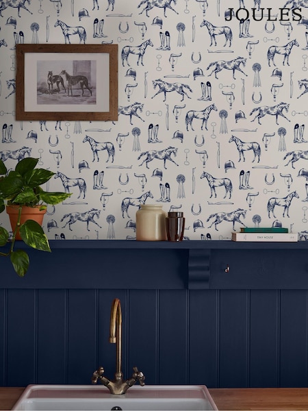 Joules Cream/Blue Sketched Equestrian Print 10M Wallpaper (AL7077) | £48