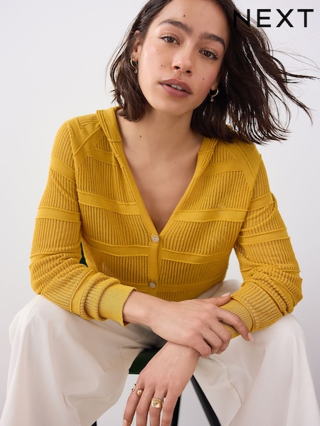 Yellow Ochre Lightweight Mesh Stitch Hooded Cardigan (AL7173) | £30