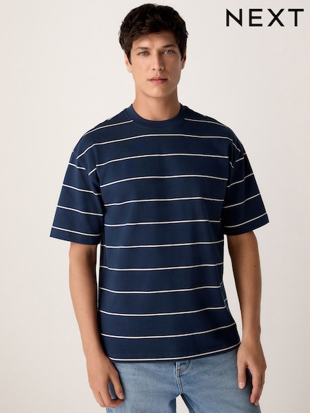 Navy Relaxed Fit Stripe Heavyweight 100% Cotton T-Shirt (AL7174) | £20