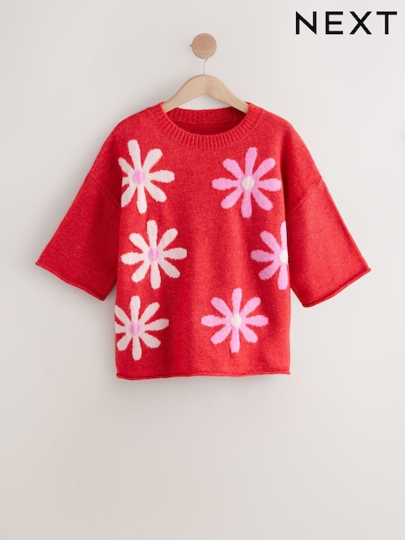 Pink Floral Graphic Print Pattern Knitted Half Sleeve Top (AL7216) | £38