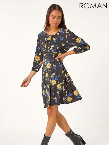 Roman Black Petite Floral Print Gathered Waist Dress (AL7249) | £42