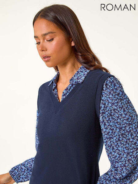 Roman Blue Petite Contrast Bodice Top (AL7253) | £35