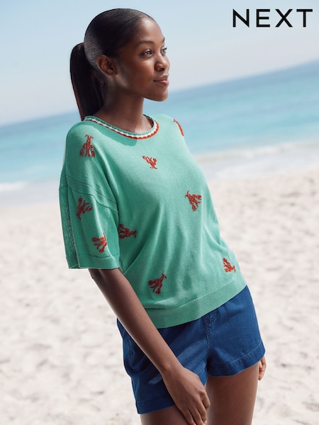 Teal Green Lobster Short Sleeve Crew Neck T-Shirt With Linen (AL7302) | £30