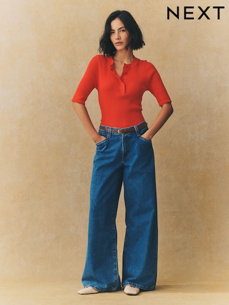 Red Button Up Crew Neck Short Sleeve Top With Linen (AL7306) | £28