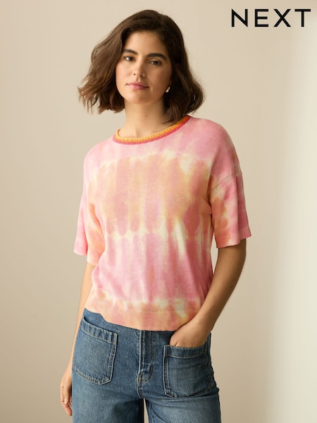 Pink Tie Dye Short Sleeve Crew Neck T-Shirt With Linen (AL7310) | £29