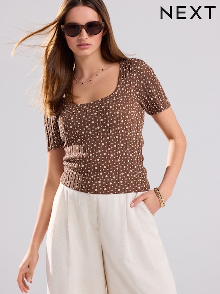 Brown Spot Fine Knit Ribbed Scoop Neck T-Shirt (AL7312) | £29