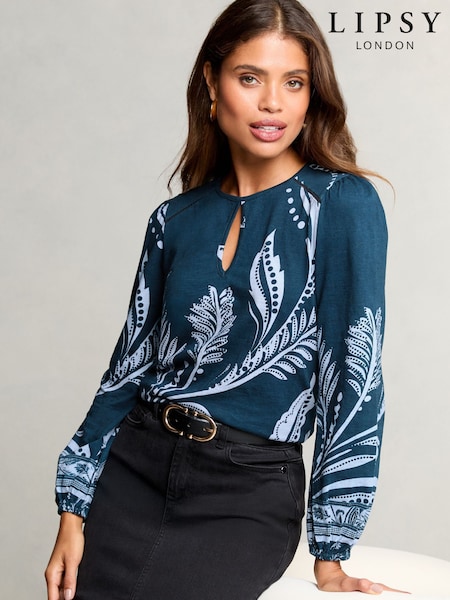 Lipsy Blue Printed Keyhole Long Sleeve Top (AL7319) | £36