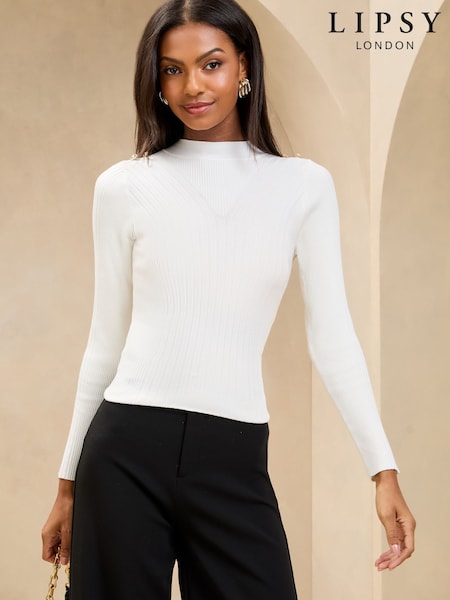 Lipsy Ivory Ribbed Button Knitted Long Sleeve Top (AL7381) | £32