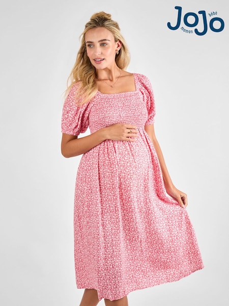 JoJo Maman Bébé Pink Ditsy Print Shirred Maternity Midi Dress (AL7416) | £49.50
