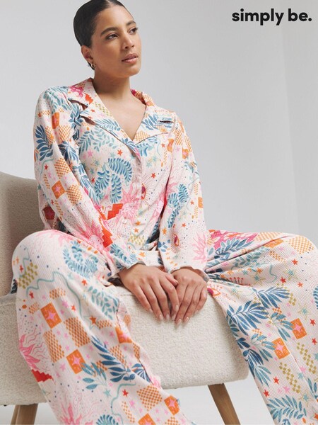 Simply Be White Button Through Plisse Pyjamas Set (AL7746) | £32