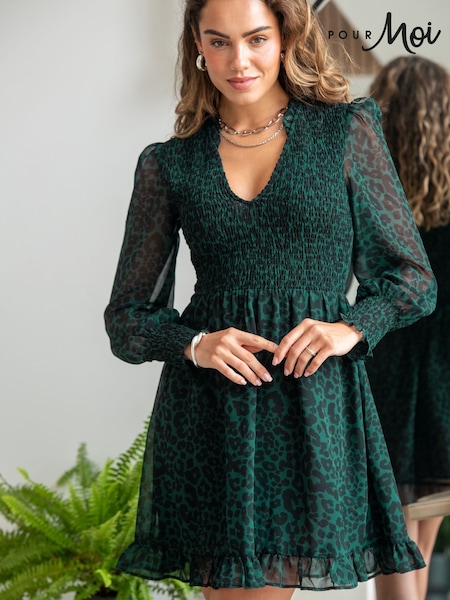 Pour Moi Green Leopard Print BIzzy Shirred Bodice Long Sleeve Chiffon Dress (AL7760) | £55