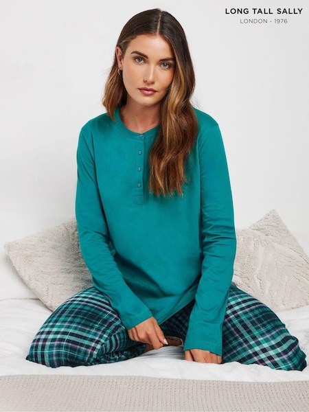 Long Tall Sally Green Long Sleeve Placket PJ 100% Cotton Top (AL8128) | £17