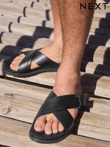 Black Leather Slip-On Sandals (AL8176) | £38