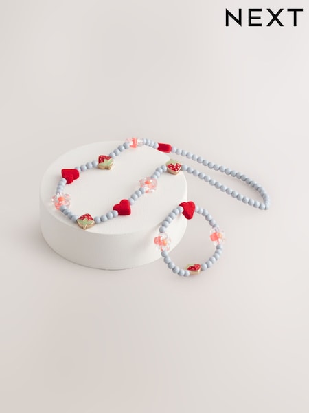 Blue Strawberry and Heart Necklace and Bracelet Set (AL8349) | £8