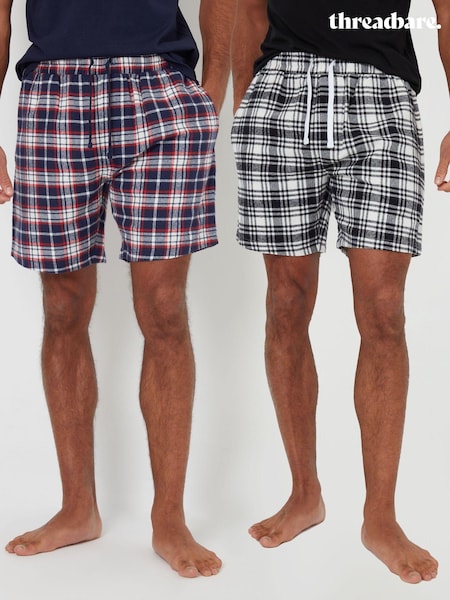 Threadbare Blue Brushed 100% Cotton Flannel Check Lounge Shorts 2 Pack (AL8373) | £22