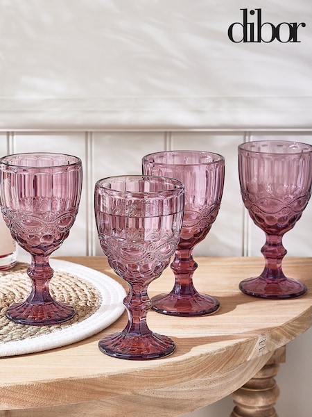 Dibor Set of 4 Pink Aurielle Embossed Wine Glasses (AL8489) | £28