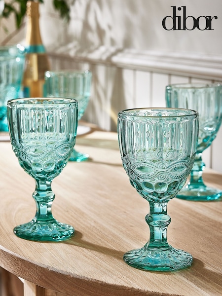 Dibor 4 Pack Blue Aurielle Embossed Wine Glasses (AL8495) | £28