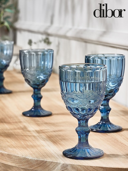 Dibor Set of 4 Blue Aurielle Embossed Wine Glasses (AL8509) | £28