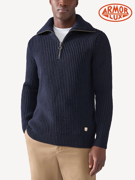 Armor Lux Navy Blue Quarter Zip Fisherman Knit Jumper (AL8934) | £180