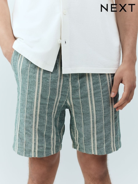 Green Cotton with Linen Drawstring Waist Stripe Shorts (AL9049) | £26