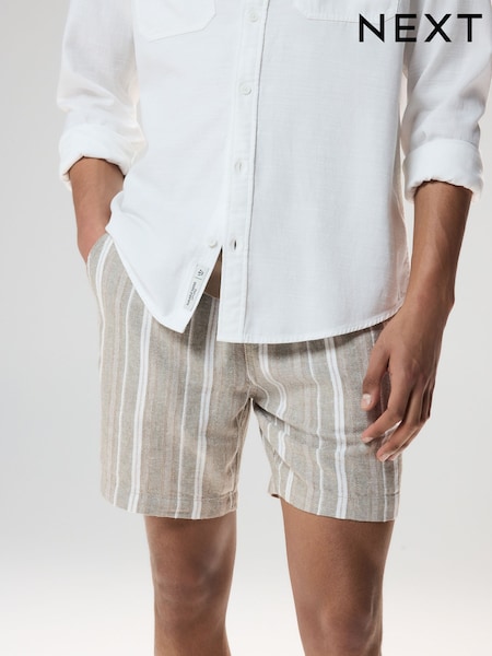 Neutral Elasticated Waist Linen Blend Stripe Shorts (AL9057) | £24
