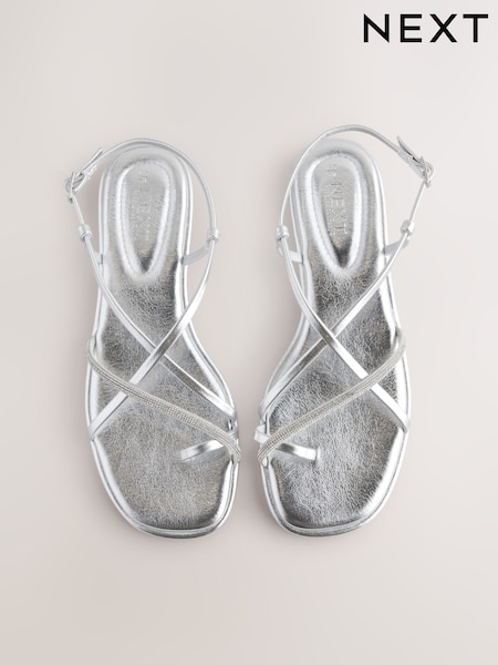 Silver Metallic Standard/Wide Fit Forever Comfort® Strappy Bling Toe Loop Sandals (AL9256) | £29