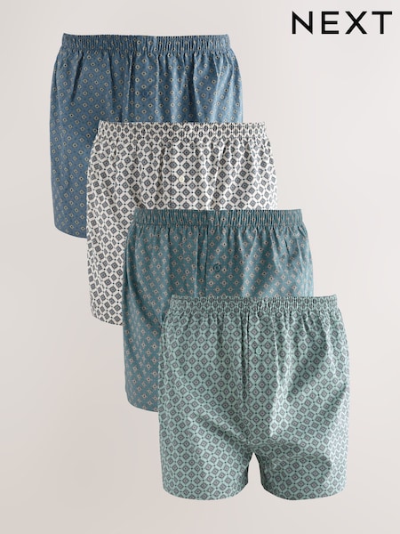 Blue/Green Medallion Print 4 pack Woven Pure 100% Cotton Boxers (AL9268) | £28