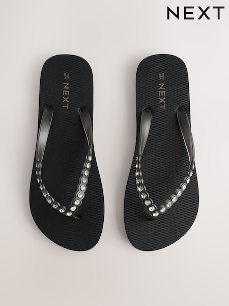 Black Jewelled Beach Flip Flops (AL9314) | £18