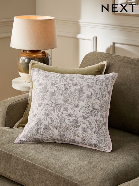 Grey Woodblock Floral Cushion (AL9415) | £0