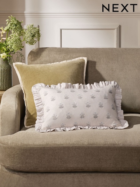 Grey Ruffle Edge Woodblock Floral Cushion (AL9418) | £0