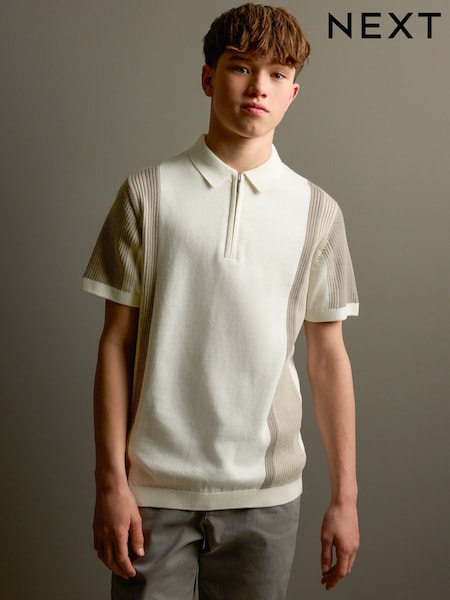 Neutral Colourblock 100% Cotton Knitted Zip Neck Polo Shirt (3-16yrs) (AL9499) | £14 - £19