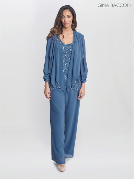 Gina Bacconi Blue Julia Trousers Suit 3 Piece With Lace Top Jacket And Trousers (AL9630) | £260