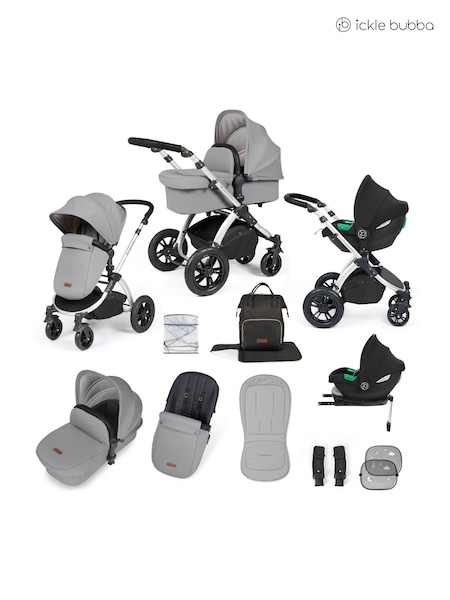 Ickle Bubba Silver Pearl Grey Black Stomp Luxe All-In-One I Size Travel System with Ci Base (AL9736) | £599