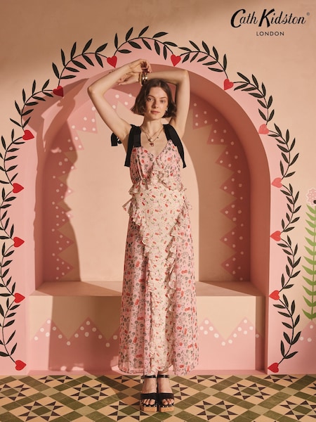 Cath Kidston Pink Cherry Bunches Ruffles Maxi Dress (AL9983) | £110