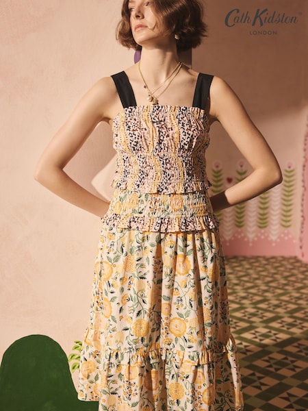 Cath Kidston Yellow Strawberry Garden Ruched Midi 100% Cotton Dress (AL9985) | £86