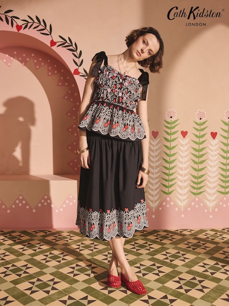Cath Kidston Black Cherry Shirred Midi 100% Cotton Skirt (AL9987) | £59